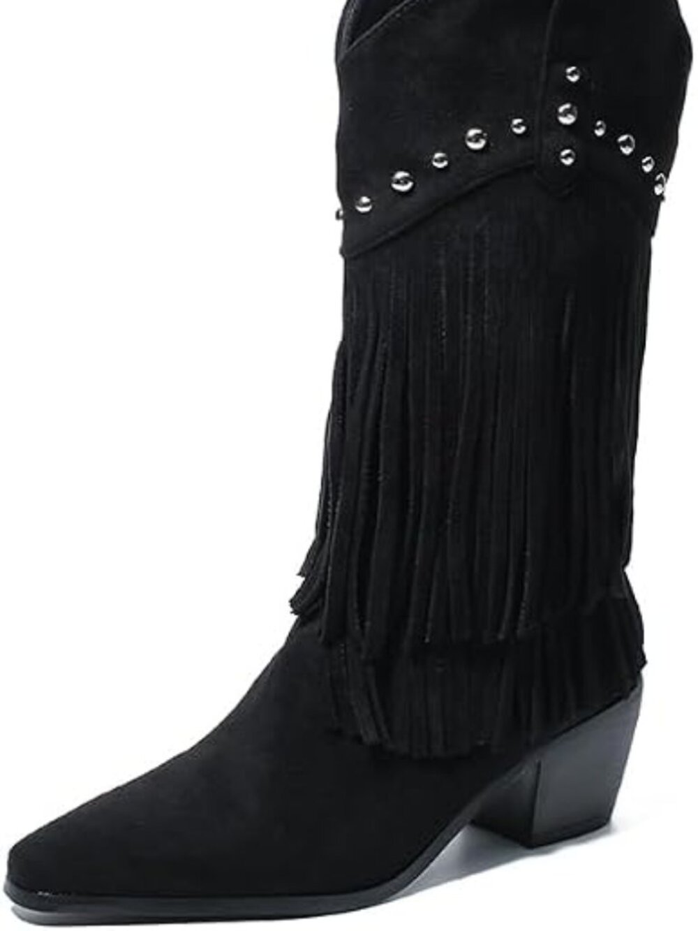 Women's Black Suede Western Fringe Boot Mid-Calf Cowgirl Boot Studded Block Heel